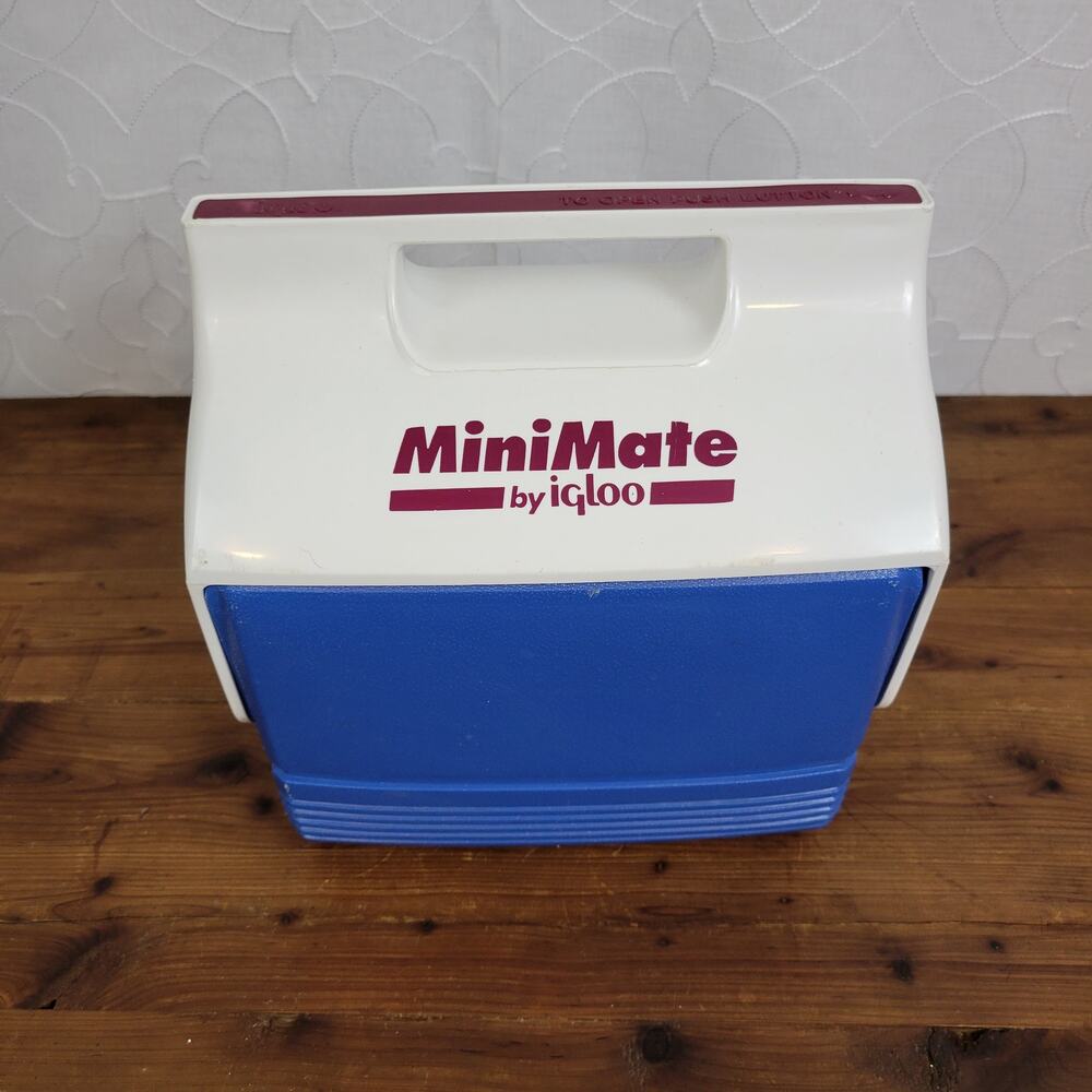 Vintage MiniMate By Igloo White Blue Purple Push Button Cooler‎ Lunch Box